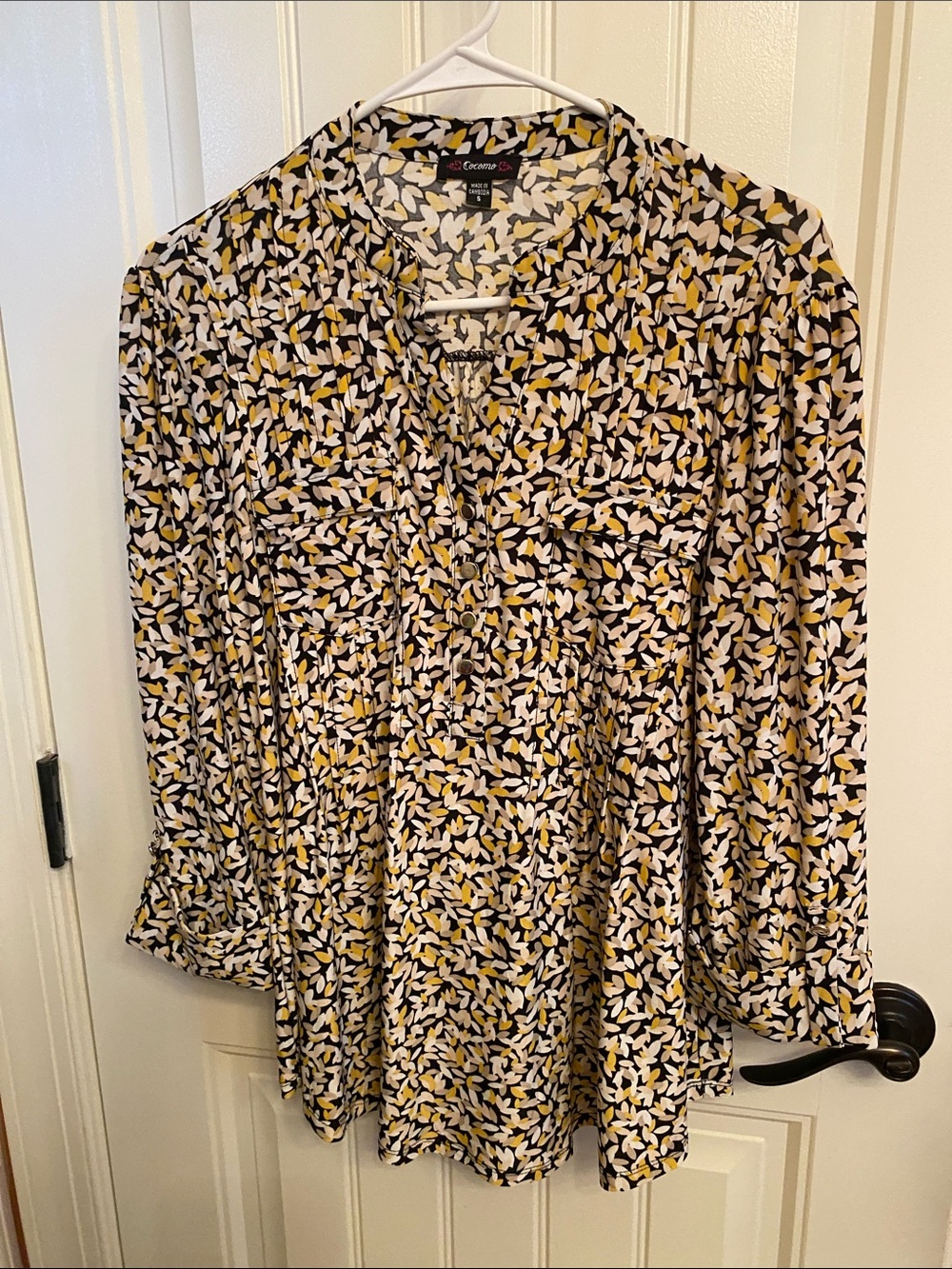 Women’s Cocomo Black Floral Split-Neck Blouse with Yellow Accents